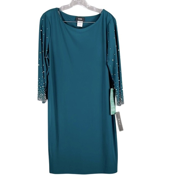 MSK Dresses & Skirts - MSK Womens Long Sleeve Dress with Embellished Sleeves Size Large Emerald Grn NWT
